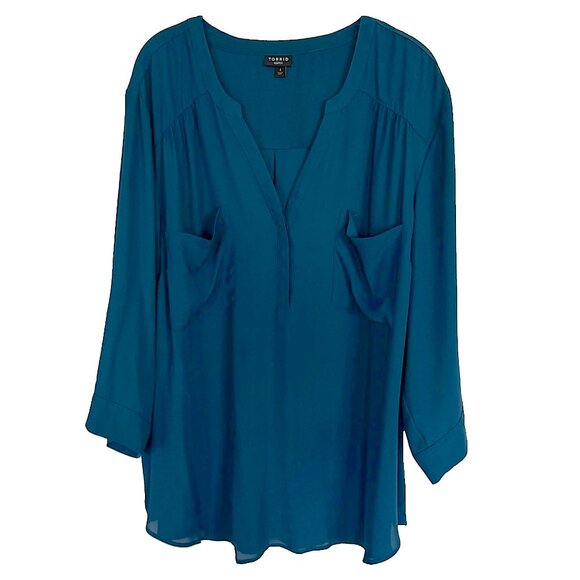 Torrid 4X TEAL Blue Green Harper 3/4 Sleeve Plus Size Top Blouse Tunic Pullover - Picture 1 of 15